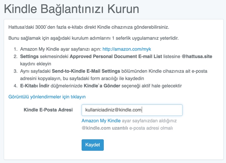 Amazon Send-to-Kindle e-posta adresinizi Hattusa'ya kaydedin